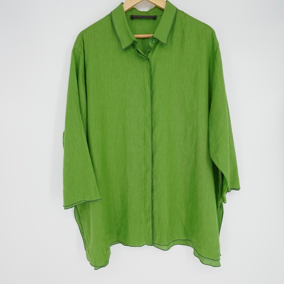 Marina Rinaldi Shirt Womens 20 Green Linen Button Up 3/4 Sleeve Tunic Oversized